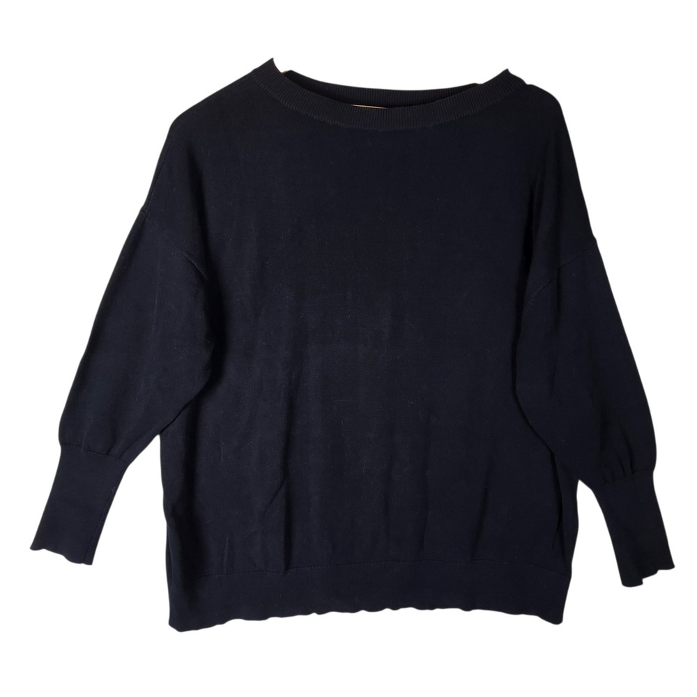 DemyLee Sweater Small Navy Blue Drop Shoulder Knit Pullover Relaxed Minimalist